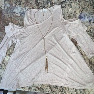 never worn! tan cut-out shoulder top with necklace